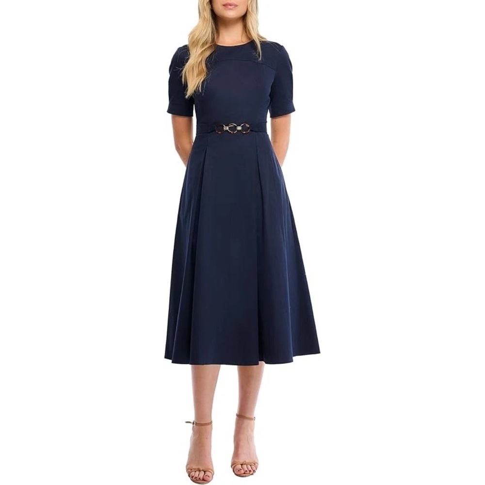 $398 Shoshanna Castell Cotton Cheryl Dress Navy Midi A-Line Chain Belt Pockets 4 - Picture 2 of 9